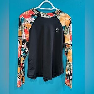 Surfer Tropical Hurley Black Rash Guard with Colorful Floral Sleeves